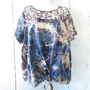 Umgee Top Tie Dye Leopard Tie Front Plus Size